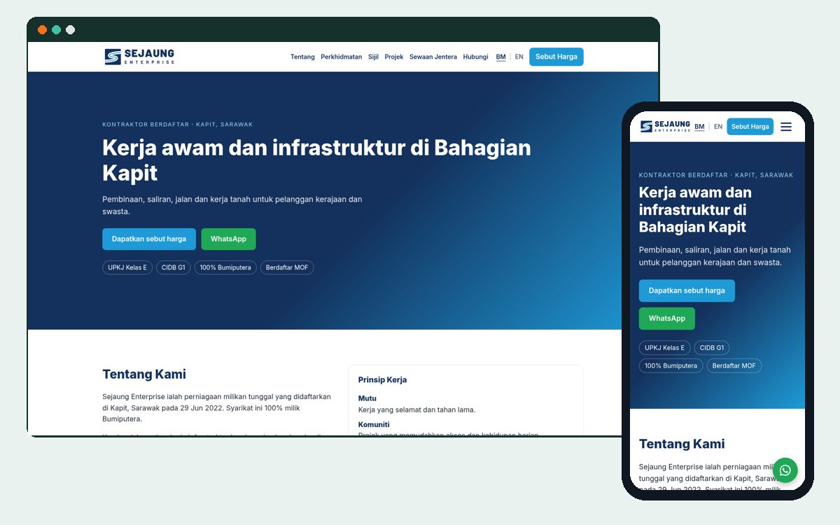 Sejaung Enterprise website on desktop and mobile